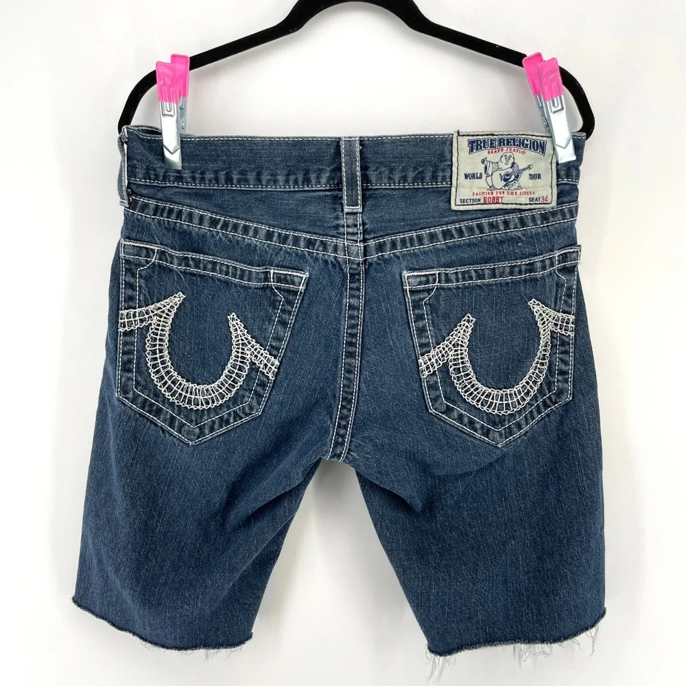 True Religion Bobby Mens 34 (Fits 32) Denim Jean Shorts Dark Wash Cut Off USA‎